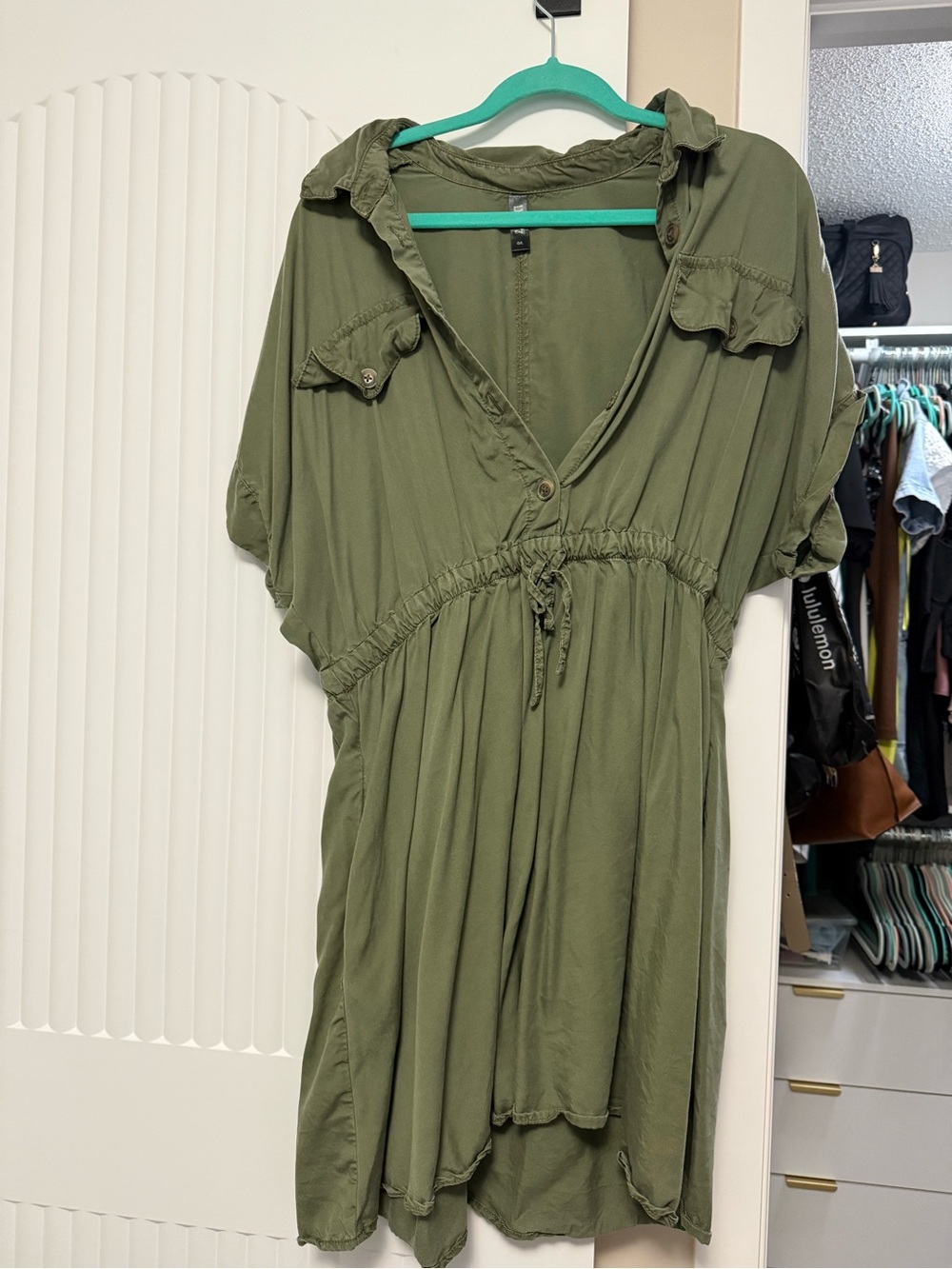 Olive Green Drawstring Shirt Dress - Women Tops